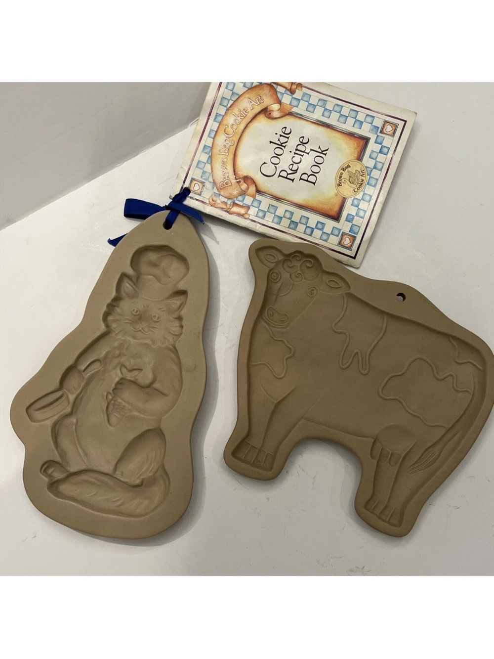 VINTAGE Brown Bag Cookie Art Molds Press- Dairy Cow 1986 & Cat Holding Fish 1994